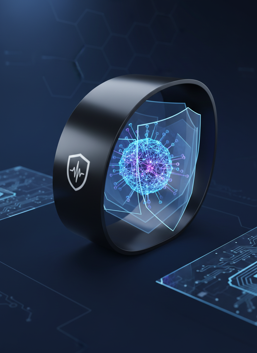 A sophisticated digital-art cutaway of a conceptual neurotechnology device labeled “Neuroshield” only through symbolic iconography, not text: a sleek, matte-black curved shell surrounding a glowing, stylized neural network core. The core is depicted as an intricate lattice of nodes and arcs, pulsing in gradients of electric blue and violet. Semi-transparent protective layers radiate outward as nested, geometric shields. The background is a deep navy with faint hexagonal patterns suggesting data protection and control systems. Soft, directional studio lighting from the upper left carves out clean highlights along the device’s contours, with gentle reflections on nearby abstract circuitry planes. Shot in a close, three-quarter perspective with shallow depth of field, the mood is ultra-modern, precise, and slightly mysterious, ideal for a flagship Neuroshield project feature.