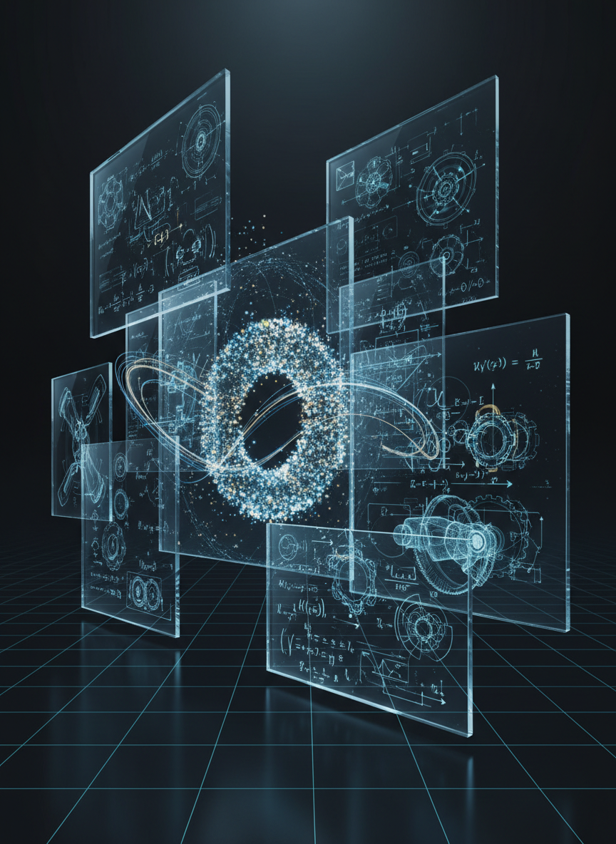 A sweeping digital-art illustration of an abstract scientific portfolio interface, featuring interlocking translucent panels displaying stylized equations, vector fields, and wireframe mechanical components. In the center, a luminous, semi-transparent torus of flowing particles represents computational fluid dynamics, with curved streamlines wrapping around it in blues and golds. The scene floats in a deep charcoal environment subtly suggesting a high-end lab, with faint gridlines receding into the distance. Cool, focused rim lighting emphasizes edges and contours, casting crisp reflections on glass-like surfaces. The mood is sophisticated and cerebral, conveying cutting-edge physics and engineering. Composed with a wide, cinematic angle and strong diagonal lines, everything is in sharp focus, evoking a premium academic portfolio homepage hero image.