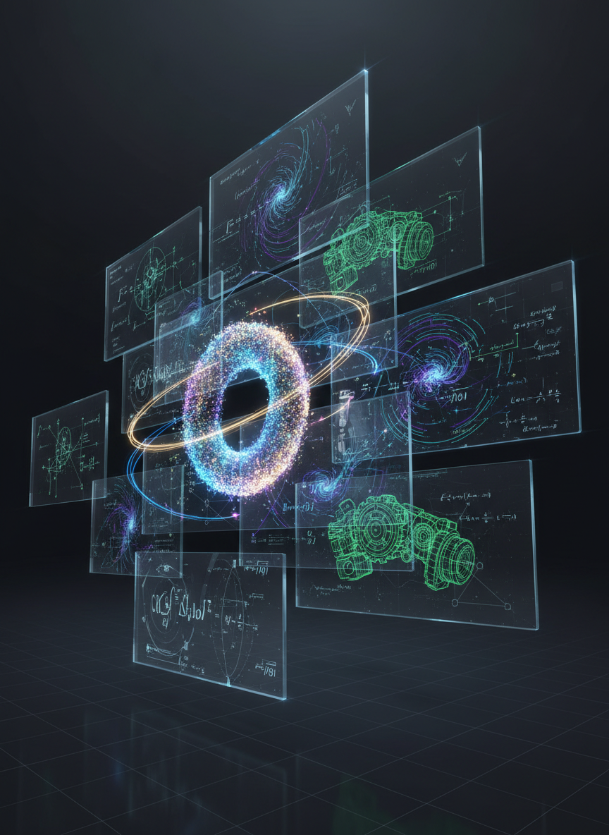 A sweeping digital-art illustration of an abstract scientific portfolio interface, featuring interlocking translucent panels displaying stylized equations, vector fields, and wireframe mechanical components. In the center, a luminous, semi-transparent torus of flowing particles represents computational fluid dynamics, with curved streamlines wrapping around it in blues and golds. The scene floats in a deep charcoal environment subtly suggesting a high-end lab, with faint gridlines receding into the distance. Cool, focused rim lighting emphasizes edges and contours, casting crisp reflections on glass-like surfaces. The mood is sophisticated and cerebral, conveying cutting-edge physics and engineering. Composed with a wide, cinematic angle and strong diagonal lines, everything is in sharp focus, evoking a premium academic portfolio homepage hero image.