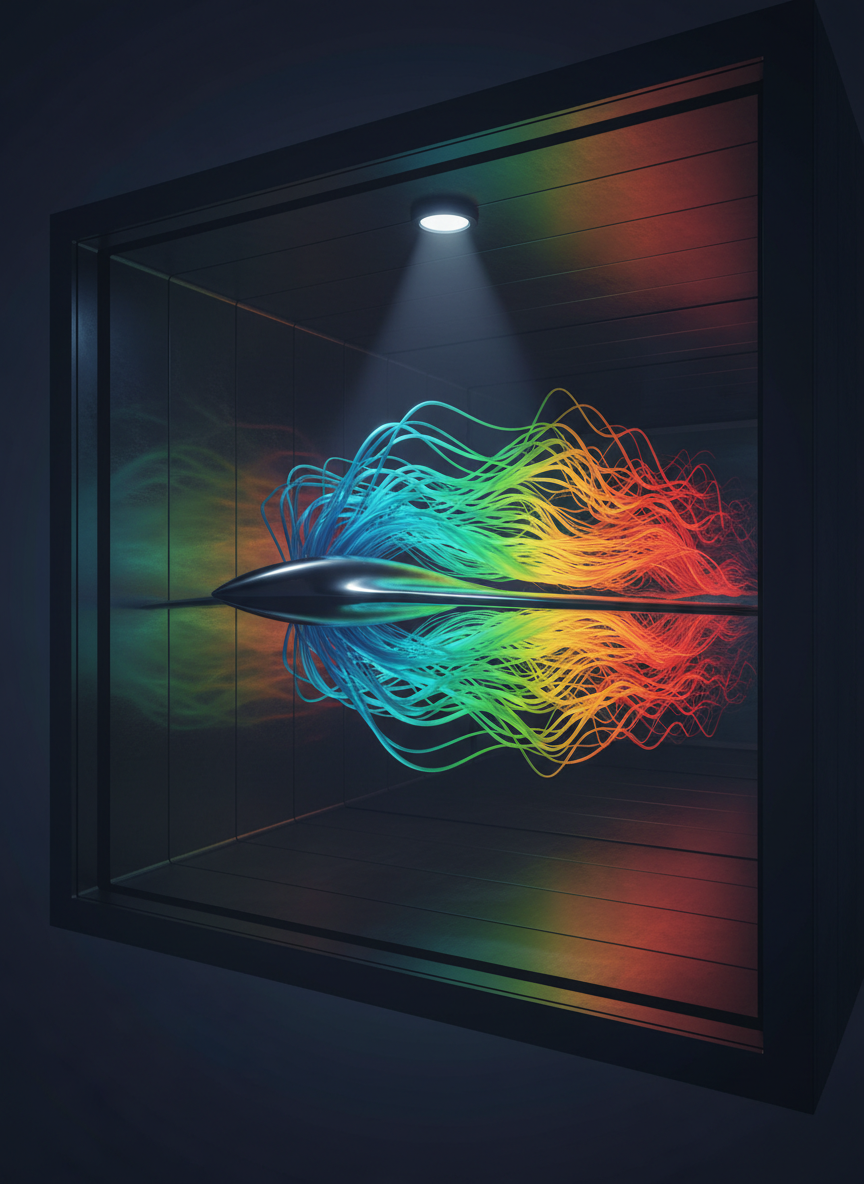 A digital-art cross-section of a sleek wind tunnel test section, showing a highly detailed aerodynamic wing profile suspended in the center. Surrounding it, vividly colored CFD streamlines wrap and curl, transitioning smoothly from cool cyan at low velocity to intense orange and crimson at high-speed regions, revealing lift and drag behavior. The tunnel walls are rendered as smooth, dark metallic panels with subtle reflections, receding into soft darkness. Overhead, a cool, focused light source illuminates the wing’s polished surface, casting precise, technical shadows. The composition is a slightly elevated three-quarter view, giving depth and clarity to flow structures. The atmosphere is analytical yet visually dramatic, embodying advanced fluid mechanics research suitable for a dedicated CFD projects section.