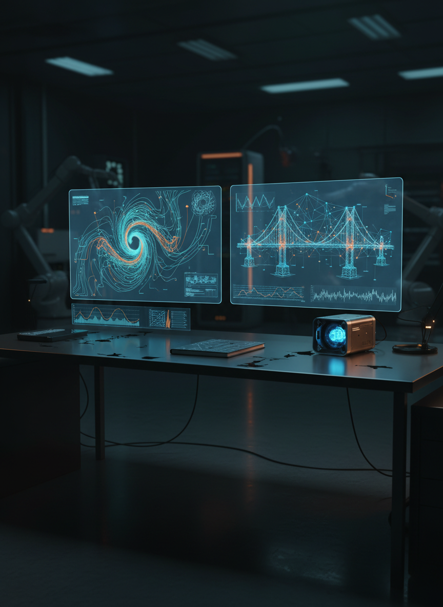 A narrative digital-art scene of an advanced multiphysics simulation lab without any humans, centered on a pristine, minimalist workstation. Twin ultra-wide holographic displays hover above a dark brushed-metal desk, showing stylized yet legible visualizations: a turbulent CFD vortex, a structural finite element mesh, and overlapping time-series graphs, all in a cohesive cyan and amber palette. On the desk rest a precision-engineering notebook and a compact, futuristic prototype device. The space around is dim, with soft pools of cool light from the screens casting complex reflections on nearby surfaces and hinting at high-end instrumentation in the shadows. Composed from an eye-level, slightly off-center angle using the rule of thirds, the image feels focused, immersive, and academically premium, suited for an “Inside the Research Process” storytelling page.
