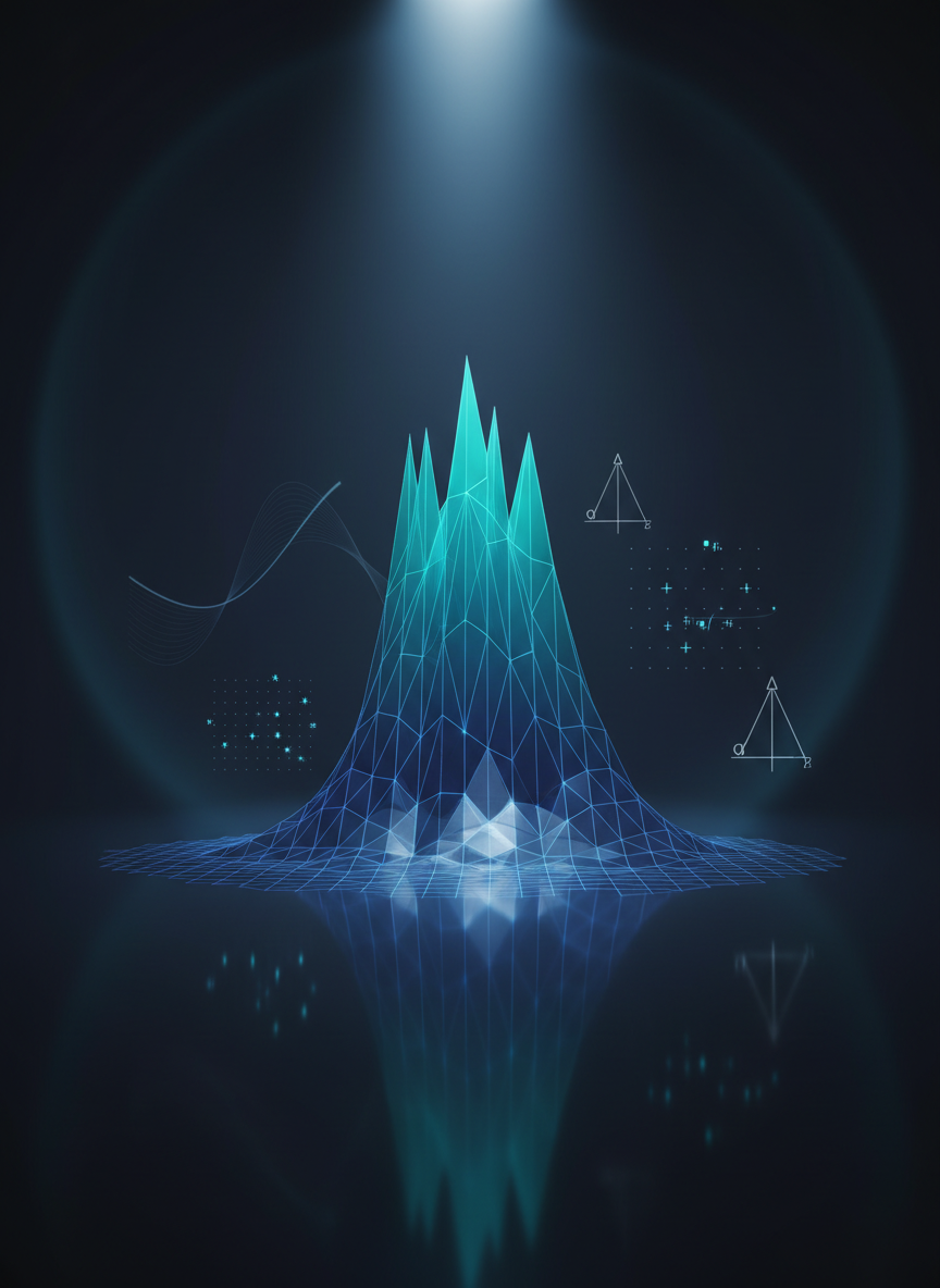 A digital-art visualization of an elegant mathematical universe, dominated by a large, semi-transparent 3D surface plot rising from a dark, reflective plane. The surface is composed of fine triangular facets with a smooth gradient from deep indigo troughs to luminous teal peaks, intersected by thin, glowing contour lines. Around it hover subtle ghosted diagrams: a parametric curve, a sparse matrix grid, and minimalist coordinate axes. The environment is a dim, infinite void with a soft vignette, lit by a cool overhead spotlight that creates sharp highlights and clean reflections. The composition is centered, with a slightly low camera angle to emphasize grandeur. The mood is contemplative and rigorous, highlighting pure mathematics and analytical thinking for a theory-focused research page.